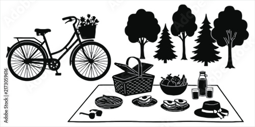 Black and white silhouette of a picnic scene with a bicycle, basket, food, drinks, and trees on a white background