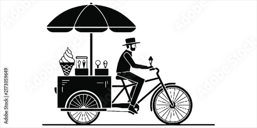 Black and white silhouette of a man riding a vintage bicycle ice cream cart with a large umbrella on a white background