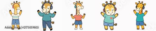 Photography A set of cute vector giraffes listening to music with headphones, with their hands raised as they enjoy the tunes