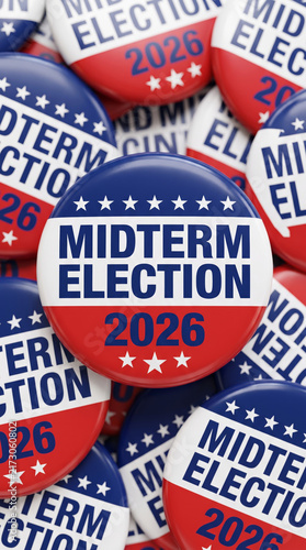 Midterm election 2026 usa campaign button badge patriot red white blue vote backdrop. us united america vote ballot 2026. government politic democracy candidate, patriotic banner