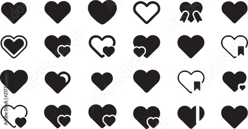 Assorted black heart and symbols displayed in a grid, showcasing diverse shapes, outlines, and decorative heart variations