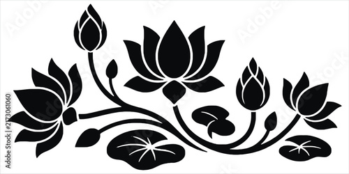 Black and white of blooming lotus flowers with buds and lily pads on a clean white background, for decor