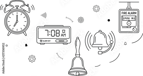 Bild auf Leinwand Alarm Clock and Warning Bell Line Icon Set Featuring Mechanical Twin Bell Digita