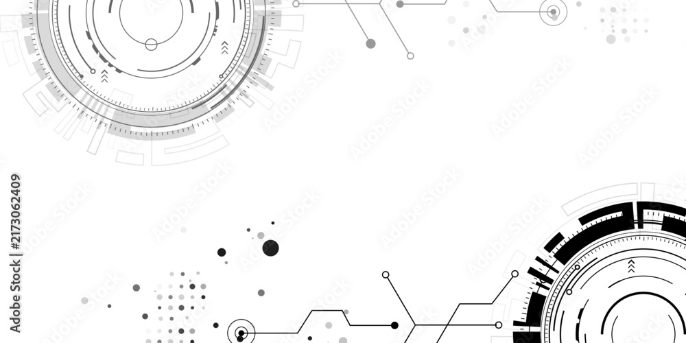 Obraz premium Abstract futuristic high technology vector background featuring circular HUD interface elements, digital circuit nodes, and ample copy space on a clean white layout.