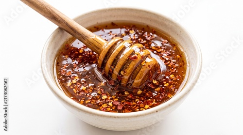 Spicy hot honey with red pepper flakes in a small ceramic bowl and wooden dipper captured on white background