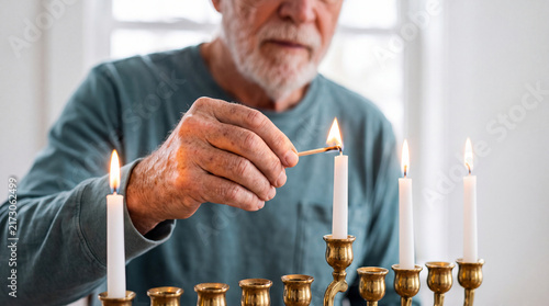Obraz na płótnie Senior man lighting menorah candles
