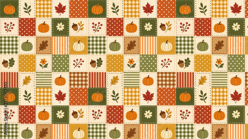 Fotografie Autumn patchwork seamless pattern, rustic fall harvest quilt background, orange