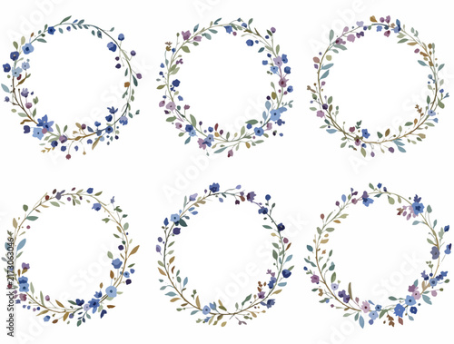Watercolor blue flower frames collection botanical circular wreaths set for romantic card layout design