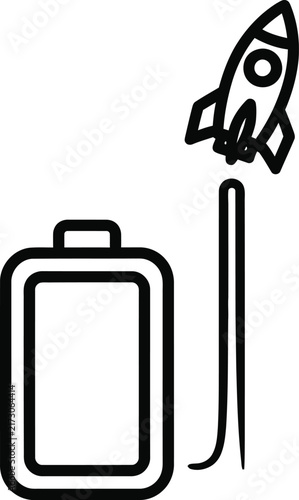 Vertical Battery Charging Icon With Rocket Ship Launching From Energy Level Line in Monoline Outline Style