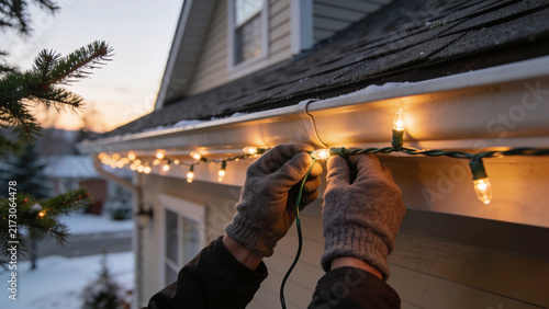 Person wearing gloves hanging glowing Christmas lights on the house roof gutter during winter season