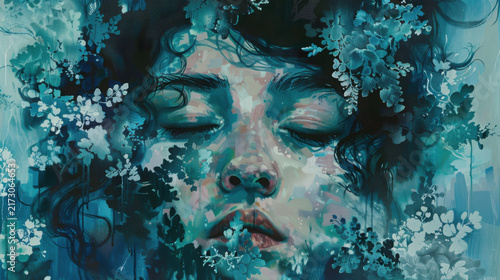 Woman with closed eyes under flowing blue water abstract portrait in cool tones