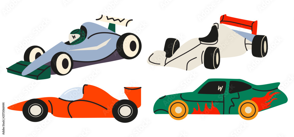 Naklejka premium Racing cars vector illustration set. Sports cars and speedy automobiles in cartoon doodle style isolated on white background. Fast driving vehicles collection