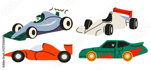 Racing cars vector illustration set. Sports cars and speedy automobiles in cartoon doodle style isolated on white background. Fast driving vehicles collection