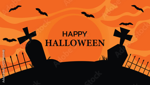 Spooky Halloween cemetery background with gravestones, bats, and full moon silhouette on orange sky. Perfect for Halloween party invitations, event posters, web banners, social media ads, and greeting