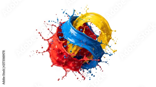 Abstract composition of vibrant red blue and yellow paint splashes swirling together on a clean white background