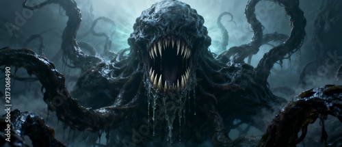 Terrifying cosmic horror monster with a gaping toothy maw and writhing dark tentacles emerging from a foggy underworld abyss, perfect for dark fantasy and sci-fi book covers