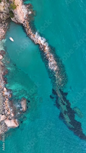 Aerial drone view of Paralia Fieroulas beach in Corfu, Greece