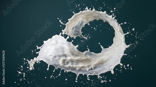 Dynamic splash of fresh white milk forming a circular shape isolated on a dark background