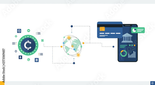 Fintech Innovation and Growth business presentation slide. Digital banking, mobile payment, and cryptocurrency icons. Financial technology stock vector concept.