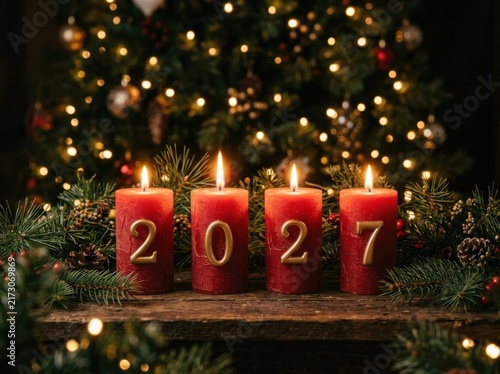 Four red candles with golden numbers 2027 glowing in front of a blurred christmas tree with warm fairy lights in a cozy festive atmosphere