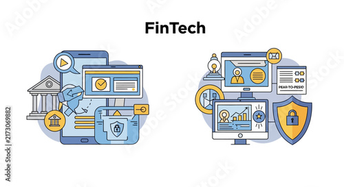 Fintech Innovation and Growth business presentation slide. Digital banking, mobile payment, and cryptocurrency icons. Financial technology stock vector concept.