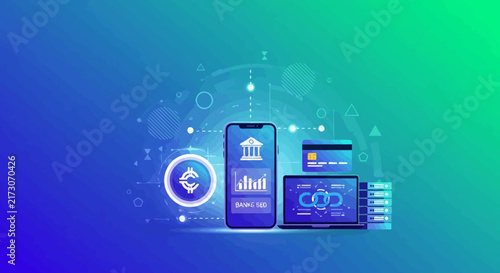 Fintech Innovation and Growth business presentation slide. Digital banking, mobile payment, and cryptocurrency icons. Financial technology stock vector concept.