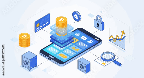 Fintech Innovation and Growth business presentation slide. Digital banking, mobile payment, and cryptocurrency icons. Financial technology stock vector concept.
