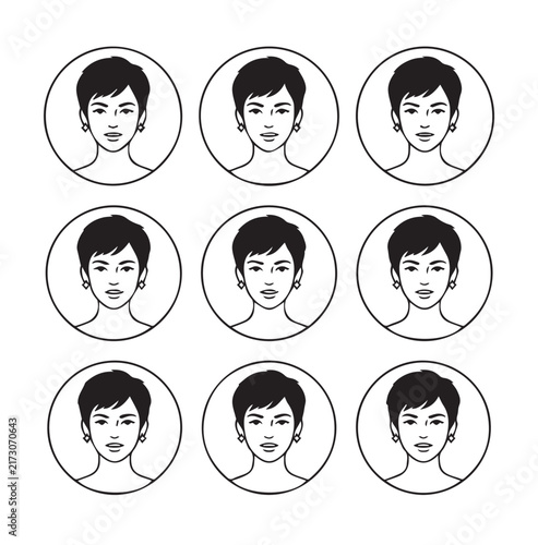 Diverse Asian women's portraits with varied expressions in simple circles against a clean white background