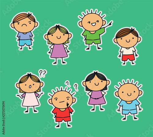 Cute Cartoon Children Character Illustration Set with Different Expressions