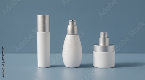 Three white cosmetic bottles with silver caps standing on a blue background for beauty product branding mockup