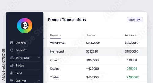 Cryptocurrency Wallet Dashboard Interface, Blockchain Digital Coin Finance App Landing Page Design, Recent Transactions List, Bitcoin Rainbow Icon, Fintech UI Kit Web Application Template