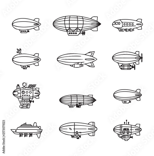 Diverse dirigible designs in a clean white background illustration for retro futurism concepts