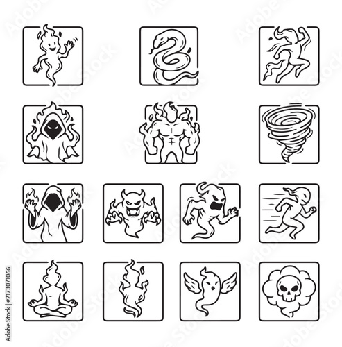 Diverse elemental spirit icons with bold outlines during a mystical presentation in a clean graphic style