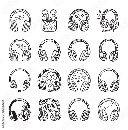Diverse headphone collection doodle art with various patterns and styles on white background