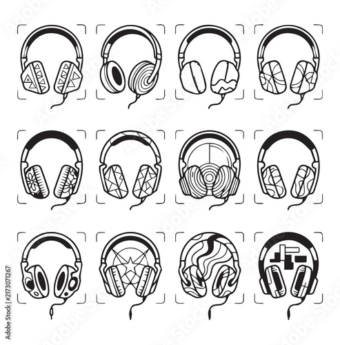 Diverse headphone designs with intricate patterns and abstract art in a grid layout against a white backdrop