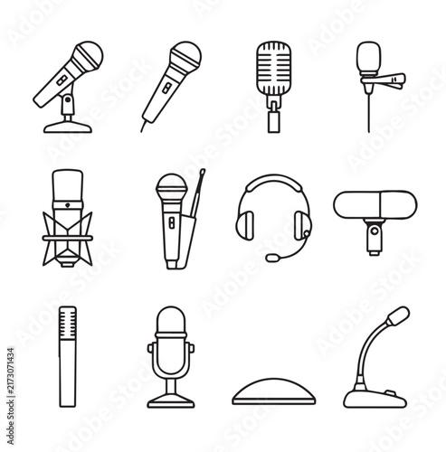 Diverse microphone collection in clean line art style on white background for audio production concepts