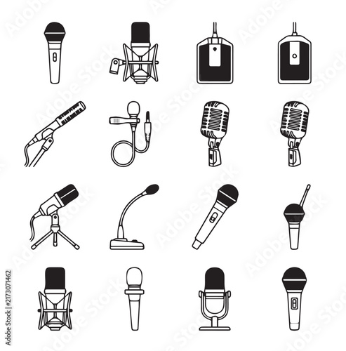 Diverse microphone icons with clean lines on a white background for audio production and broadcasting concepts