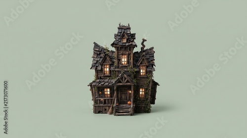 A miniature spooky haunted house decoration with glowing yellow windows isolated on a solid light green background