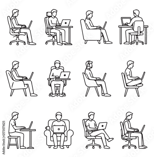 Diverse people working on laptops in various comfortable seated positions during the day