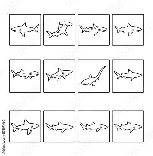 Diverse Shark Silhouettes in Grid Layout with Minimalist Style for Educational or Branding Concepts