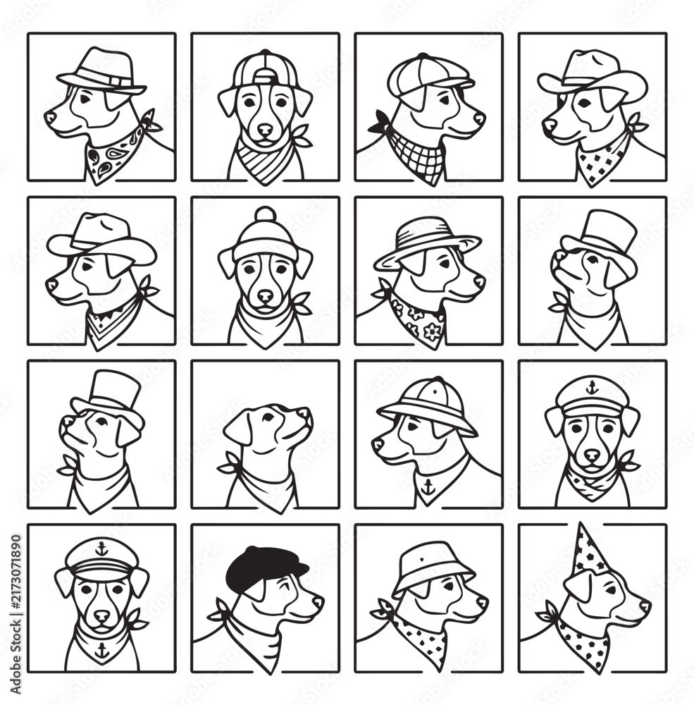 Fototapeta premium Dogs in hats and bandanas with diverse styles and expressions presented in a grid format for graphic design projects