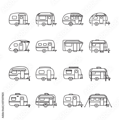 Diverse vintage caravan outlines on white background for travel and leisure concepts