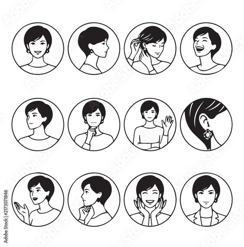 Diverse women's hairstyles and expressions in circular portraits with clean linework and a minimalist aesthetic for branding