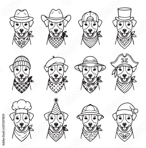 Dog portraits in diverse headwear and neckwear illustrating personality variations and fashion styles