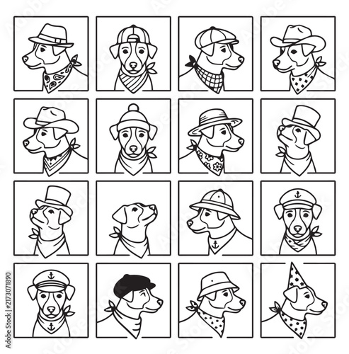 Dogs in hats and bandanas with diverse styles and expressions presented in a grid format for graphic design projects