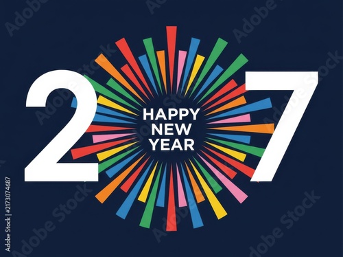 2027 happy new year festive design with colorful firework burst pattern, vibrant radial rays on dark blue background, celebration greeting card illustration