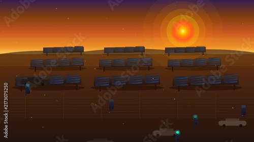 Animated Illustration Of A Solar Panel Farm Generating Energy With Cars Passing By At Sunset Or Sunrise