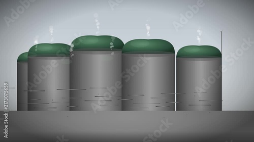 Abstract Animation Of Industrial Silos With Green Lids And Fumes Rising In A Factory Setting