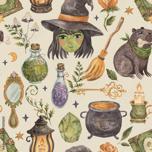Quadro su tela Watercolor witch magic seamless pattern with potions, cauldron, broom and capyba