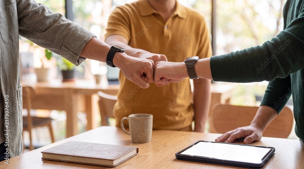 Fototapeta premium Diverse business team doing a fist bump for success in a modern office meeting room